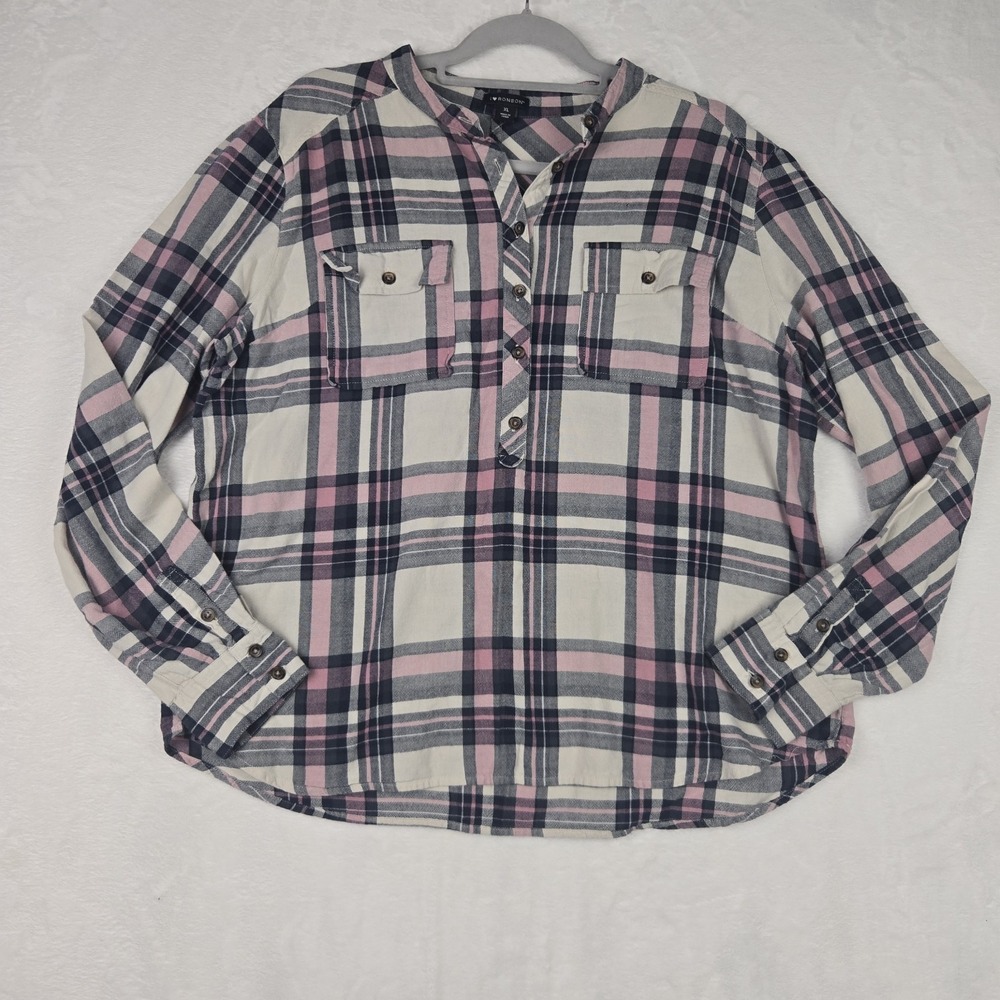 I ♡ Ronson Womens Pink‎ Blue Plaid Blouse Size XL 1/4 Button Pockets